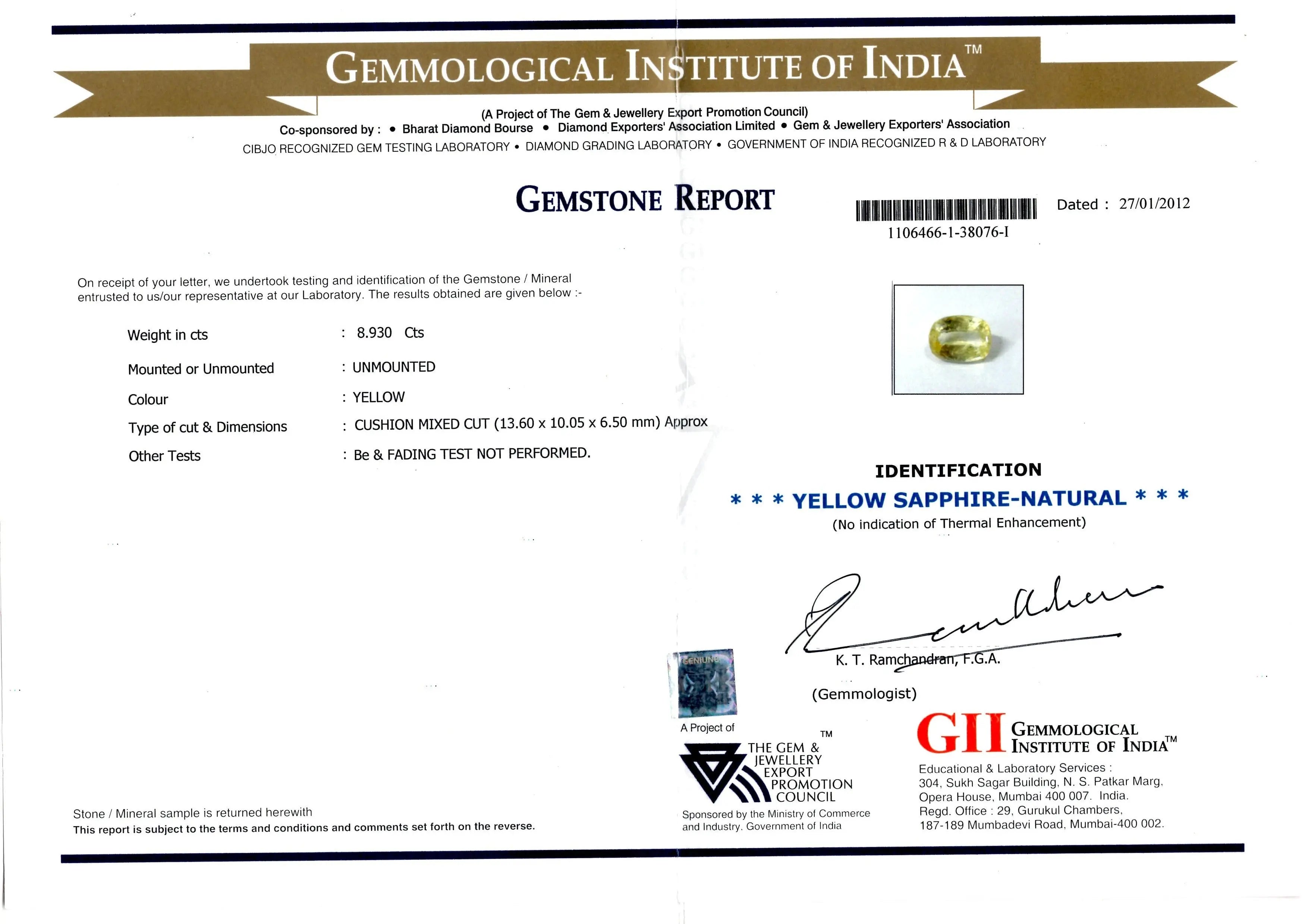 8.93 Ct GII Certified Unheated Untreated Natural Ceylon Yellow Sapphire