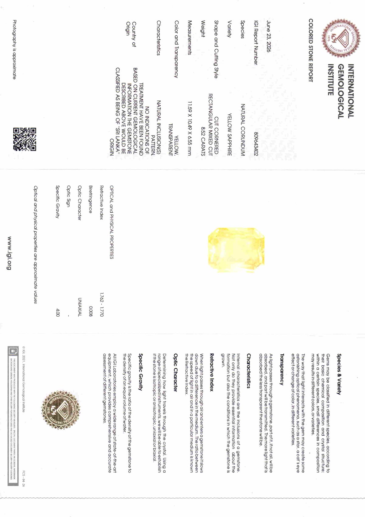 IGI certificate for 8.52 Ct unheated Ceylon yellow sapphire by Venus Gems, detailing quality and specifications.
