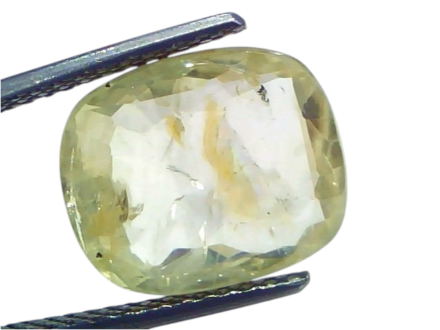 8.00 Ct Certified Unheated Natural Ceylon Yellow Sapphire Pukhraj displayed in tweezers, showcasing its clear, light yellow h