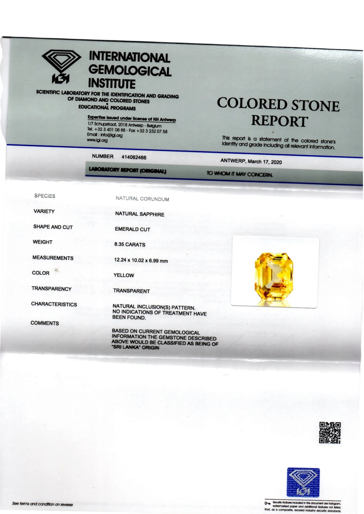 8.35 Ct IGI Certified Unheated Untreated Natural Ceylon Yellow Sapphire AAA - Venus Gems