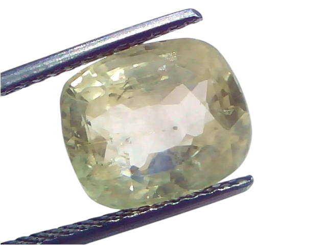 8.11 Ct Certified Unheated Natural Ceylon Yellow Sapphire Pukhraj, showcasing a cushion-cut gem with a light yellow hue.