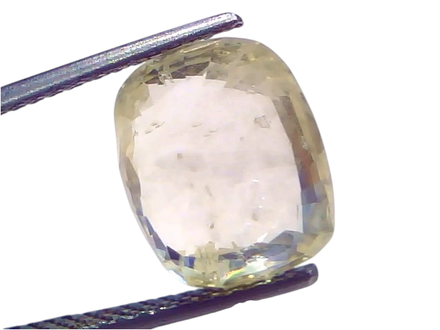 8.11 Ct Certified Unheated Natural Ceylon Yellow Sapphire Pukhraj, showcasing a cushion-cut gem with a light yellow hue.