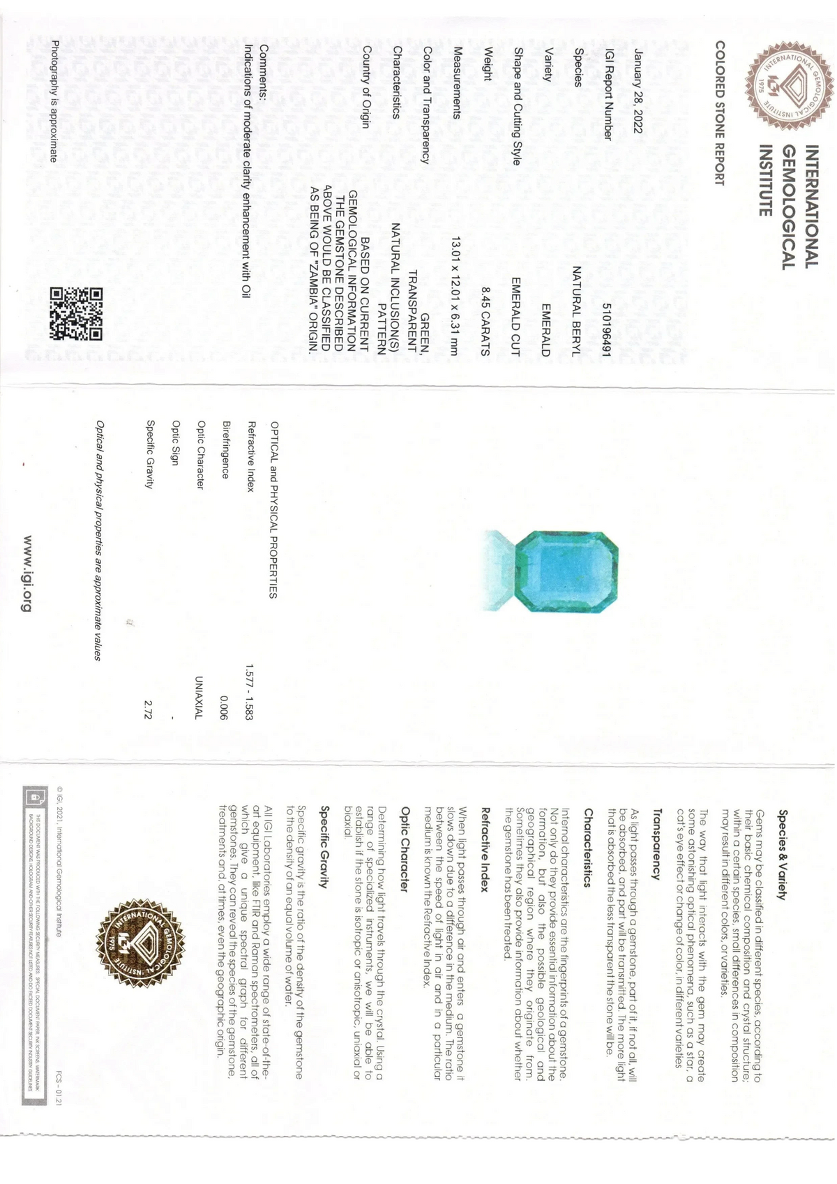 8.45 Ct IGI Certified Untreated Natural Zambian Emerald Gemstone AAA - Venus Gems