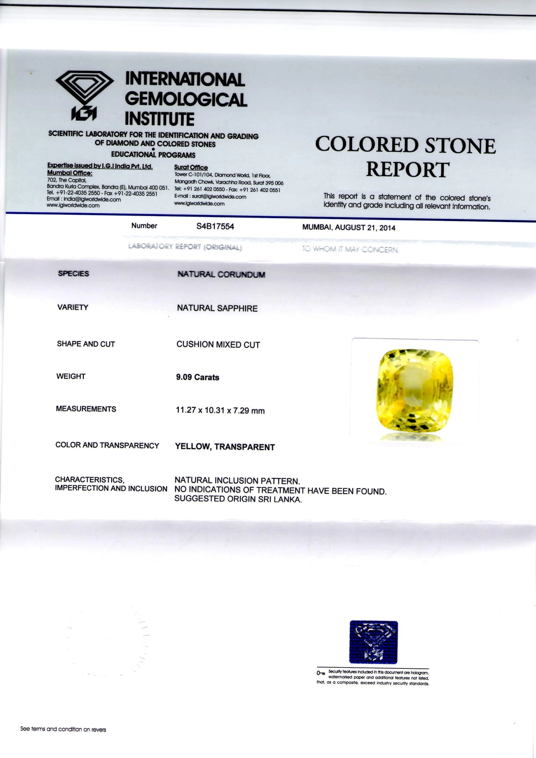 9.09 Ct Unheated Untreated Natural Ceylon Yellow Sapphire/Pukhraj AA
