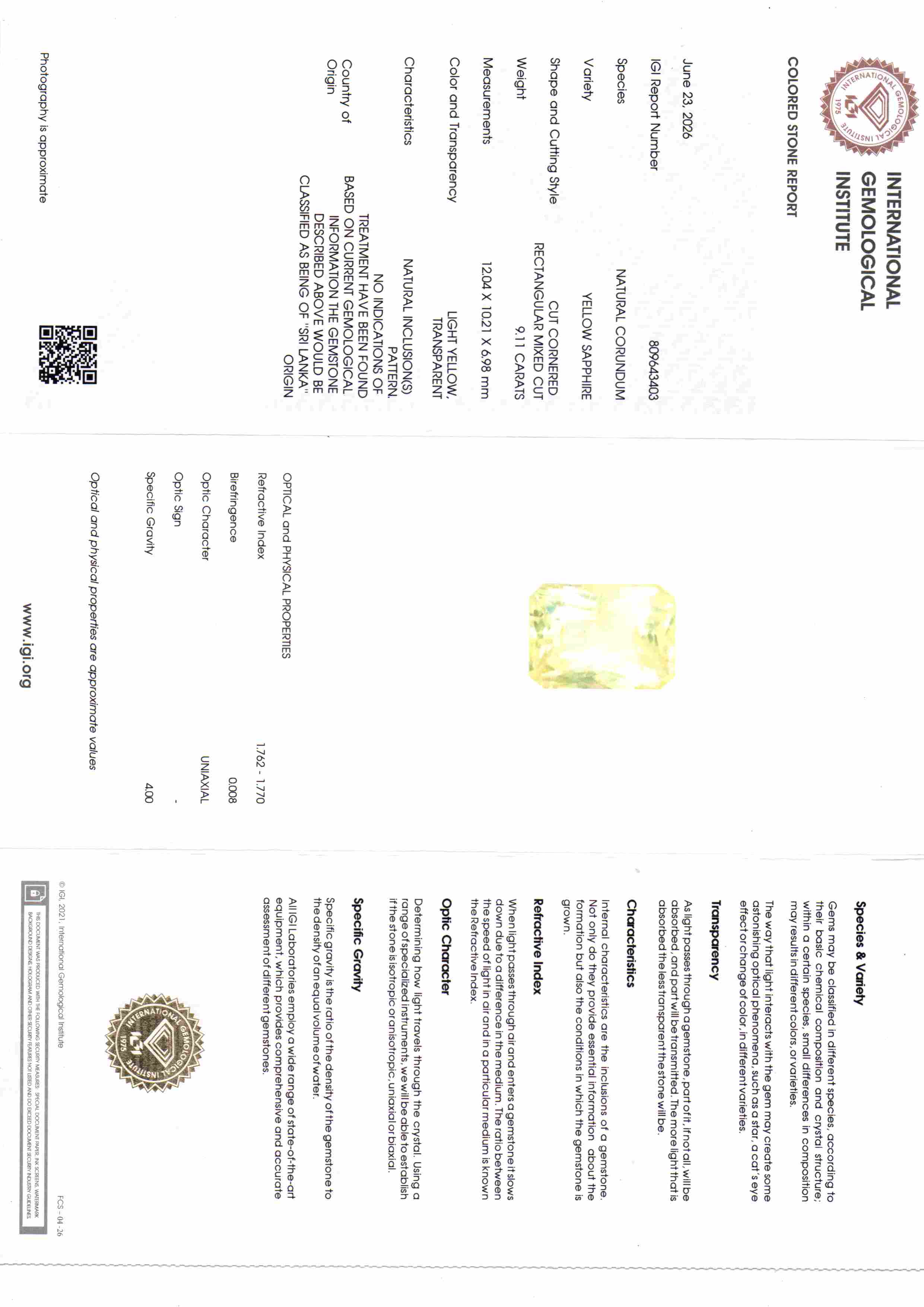 9.11 Ct IGI Certified Unheated Natural Ceylon Yellow Sapphire Pukhraj – 10 Ratti