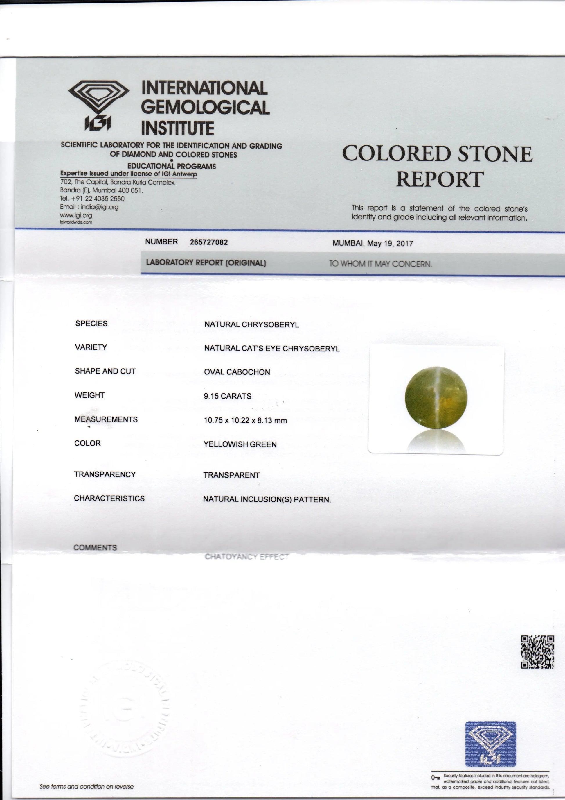 9.15 Ct IGI Certified Untreated Natural Ceylon Chrysoberyl Cats Eye Stone