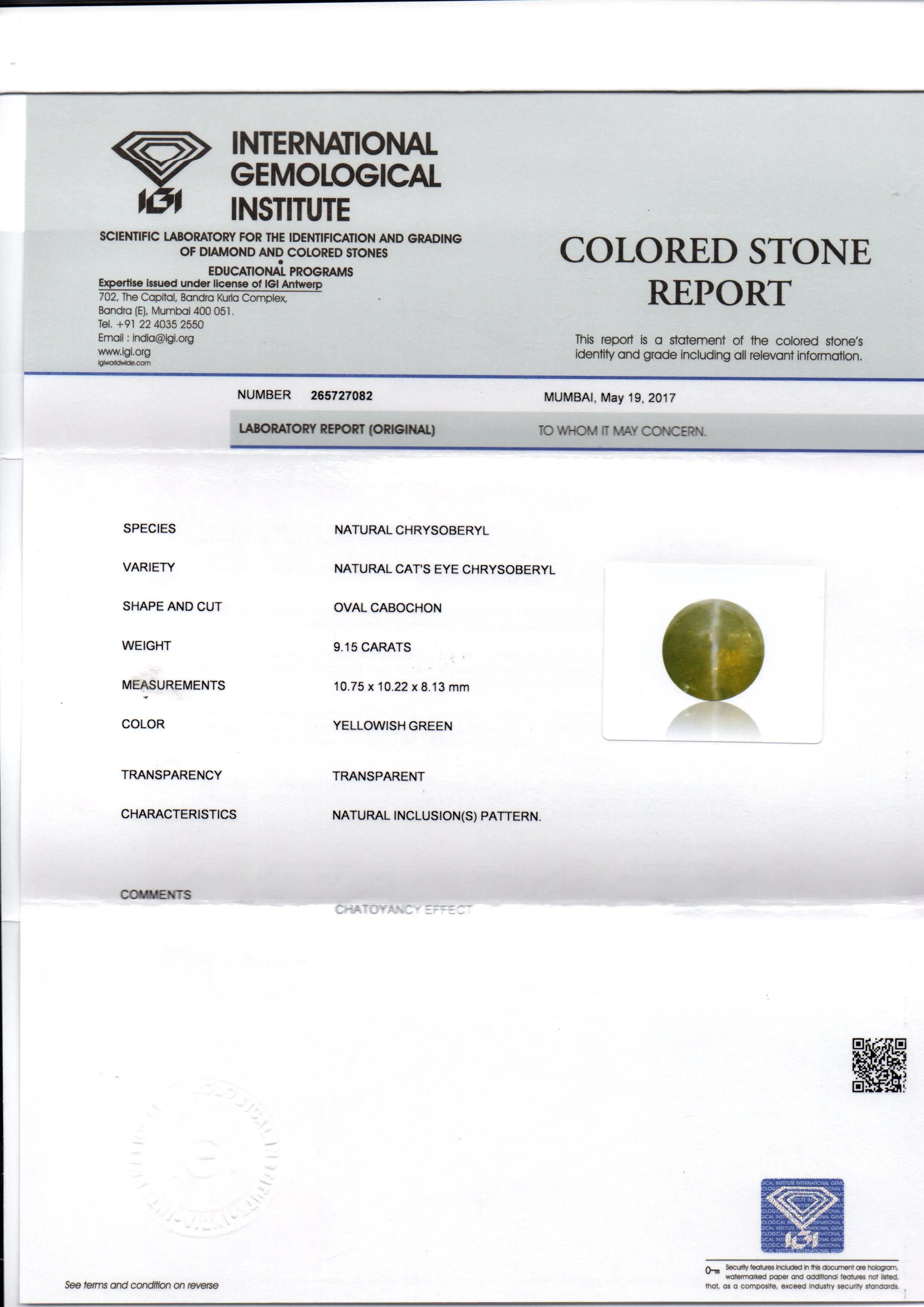 9.15 Ct IGI Certified Untreated Natural Ceylon Chrysoberyl Cats Eye Stone