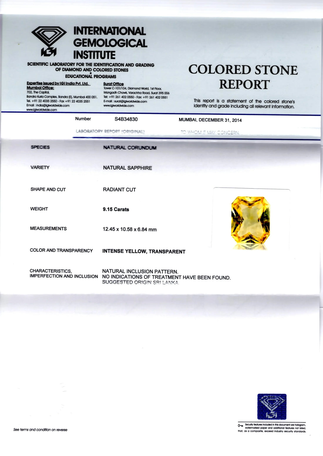 9.15 Ct Unheated Untreated Radiant Cut Natural Ceylon Yellow Sapphire - Venus Gems