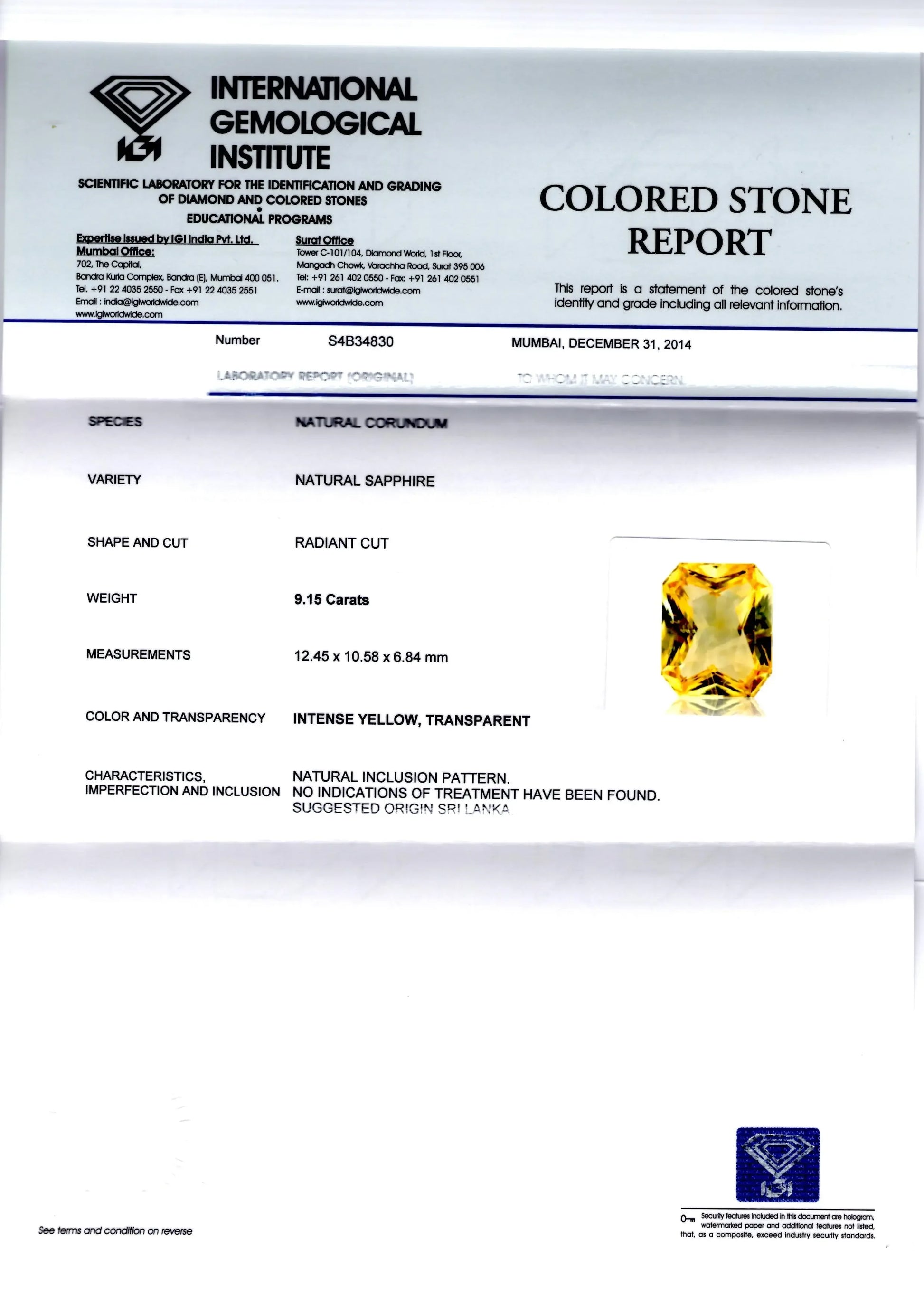 9.15 Ct Unheated Untreated Radiant Cut Natural Ceylon Yellow Sapphire - Venus Gems