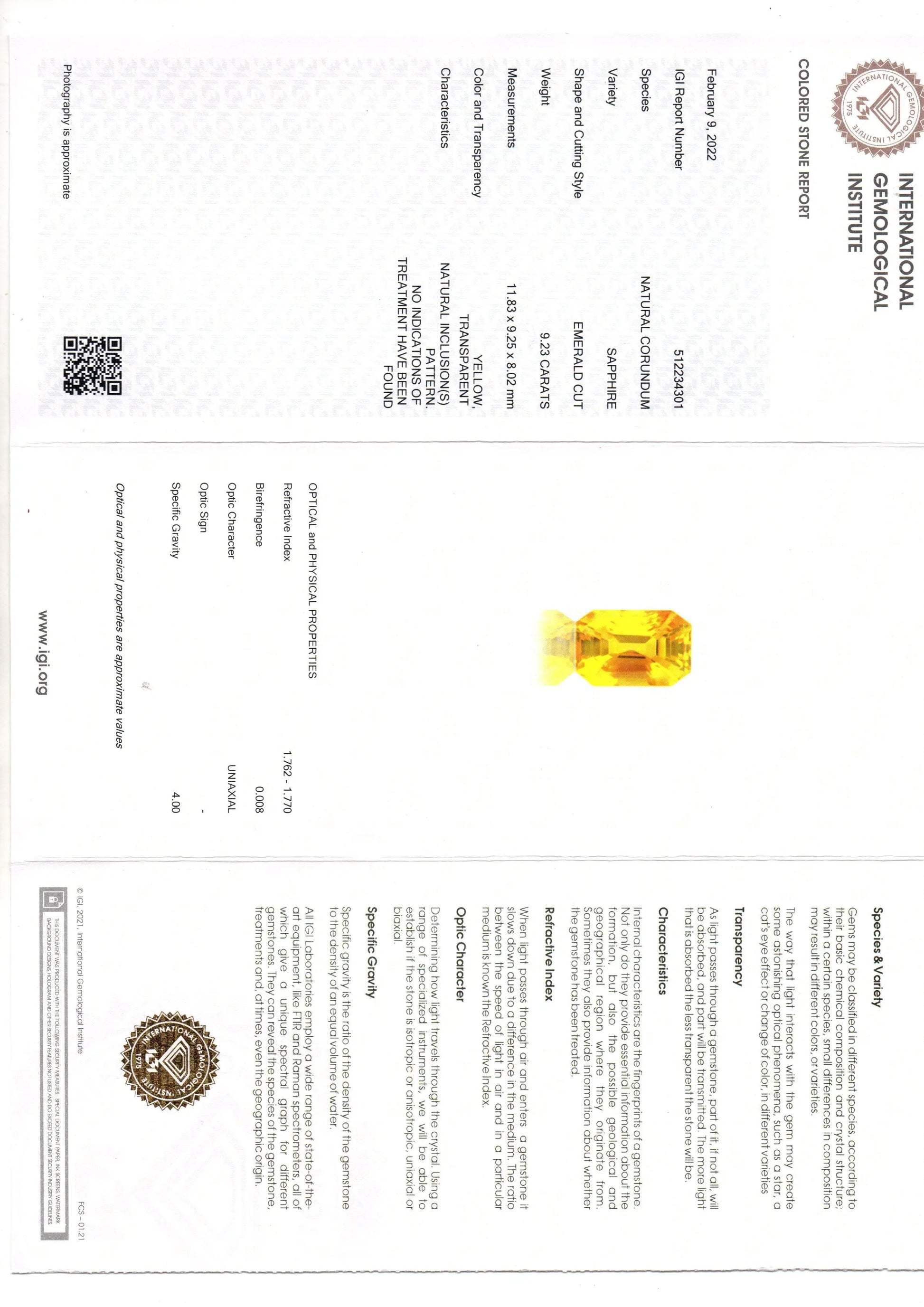 9.23 Ct IGI Certified Unheated Untreated Natural Ceylon Yellow Sapphire AAA