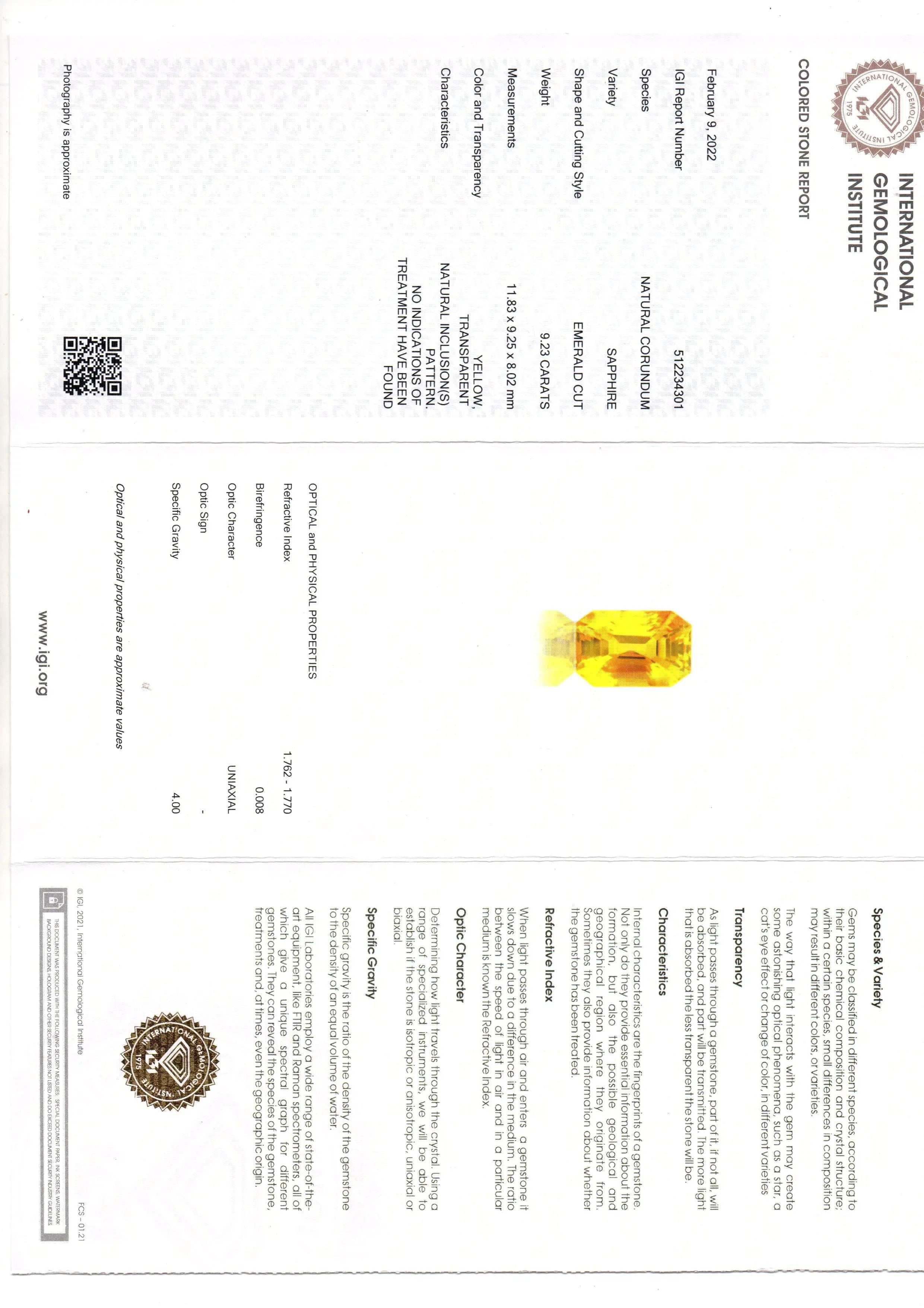9.23 Ct IGI Certified Unheated Untreated Natural Ceylon Yellow Sapphire AAA