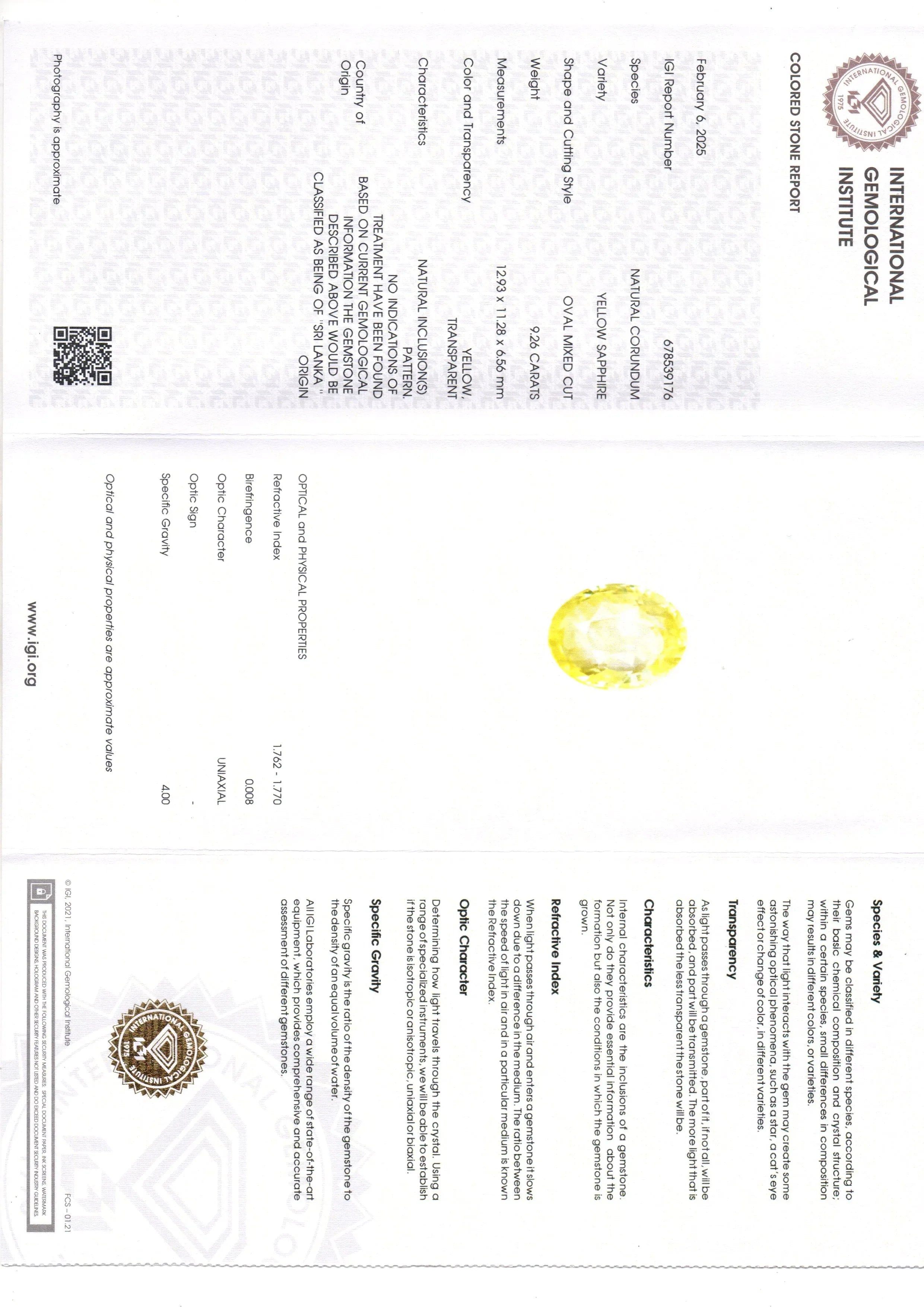 9.26 Ct IGI Certified Unheated Untreated Natural Ceylon Yellow Sapphire - Venus Gems