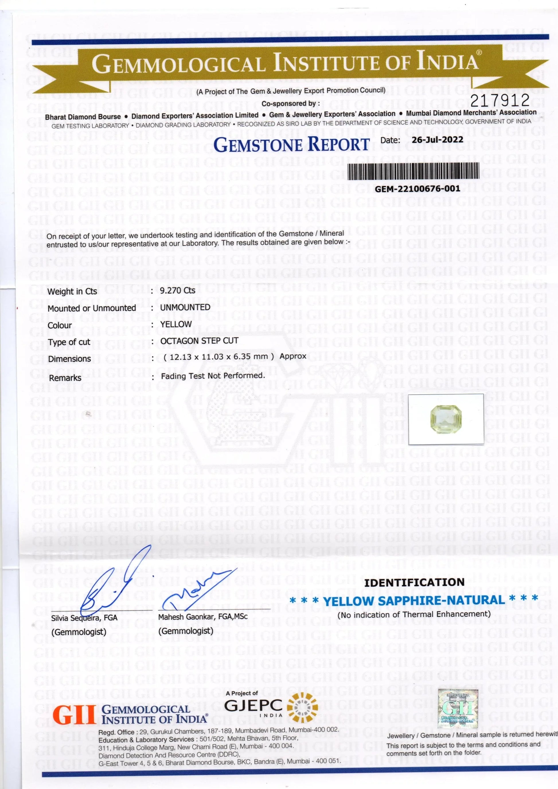 9.27 Ct GII Certified Unheated Untreated Natural Ceylon Yellow Sapphire - Venus Gems