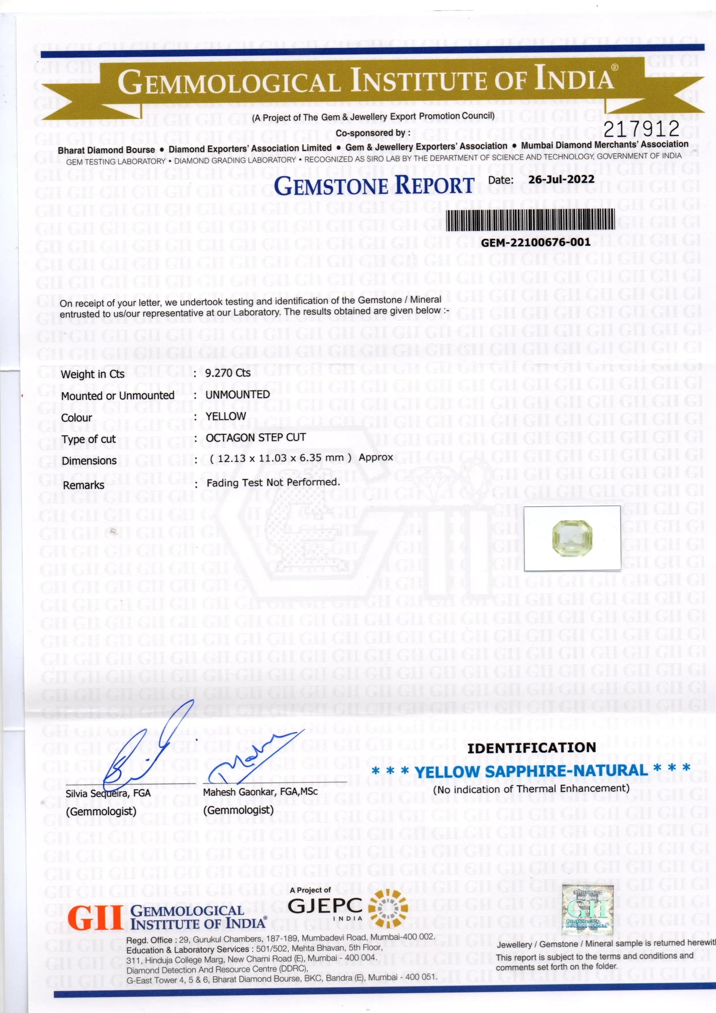 9.27 Ct GII Certified Unheated Untreated Natural Ceylon Yellow Sapphire - Venus Gems