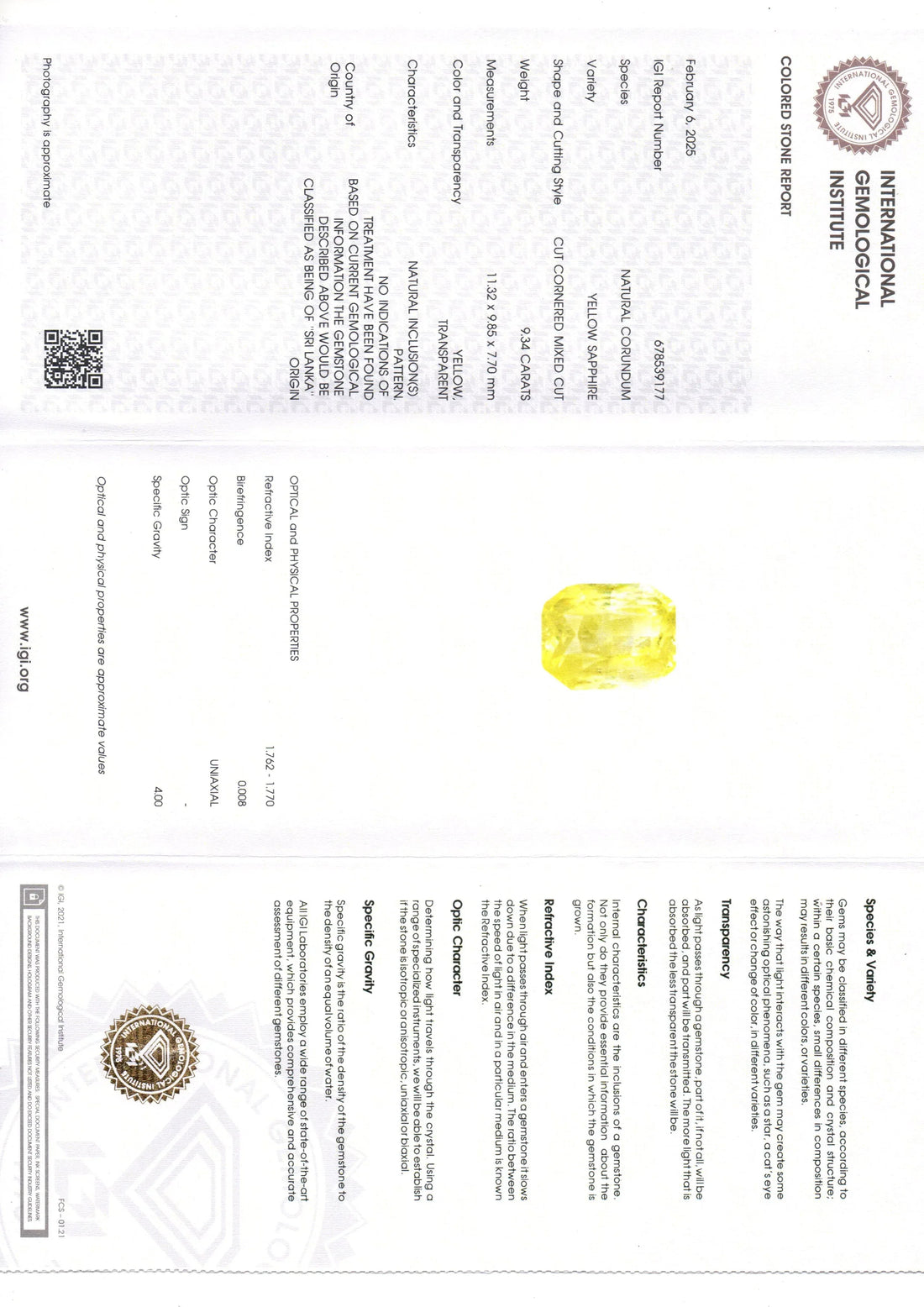 9.34 Ct IGI Certified Unheated Untreated Natural Ceylon Yellow Sapphire - Venus Gems