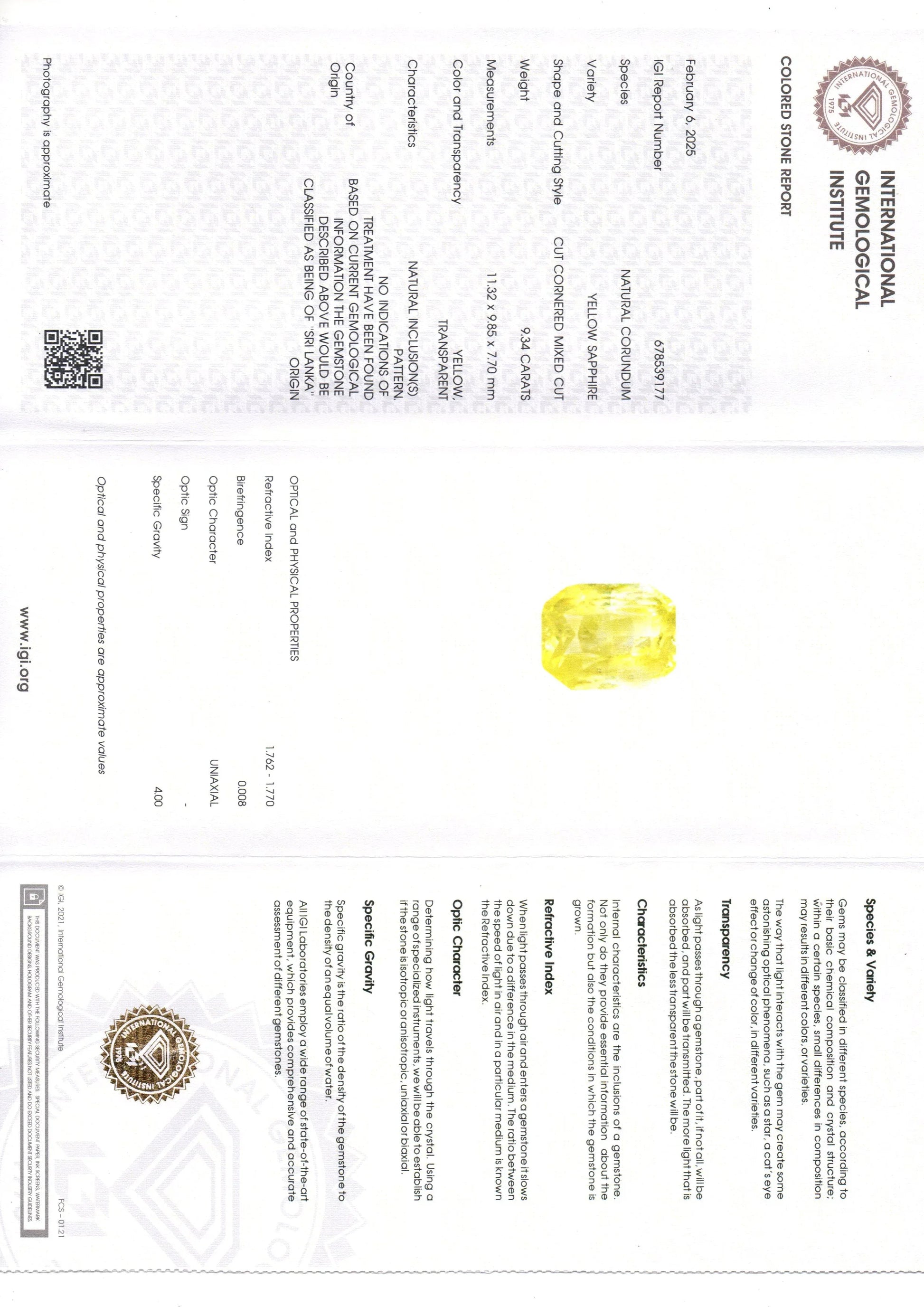 9.34 Ct IGI Certified Unheated Untreated Natural Ceylon Yellow Sapphire - Venus Gems