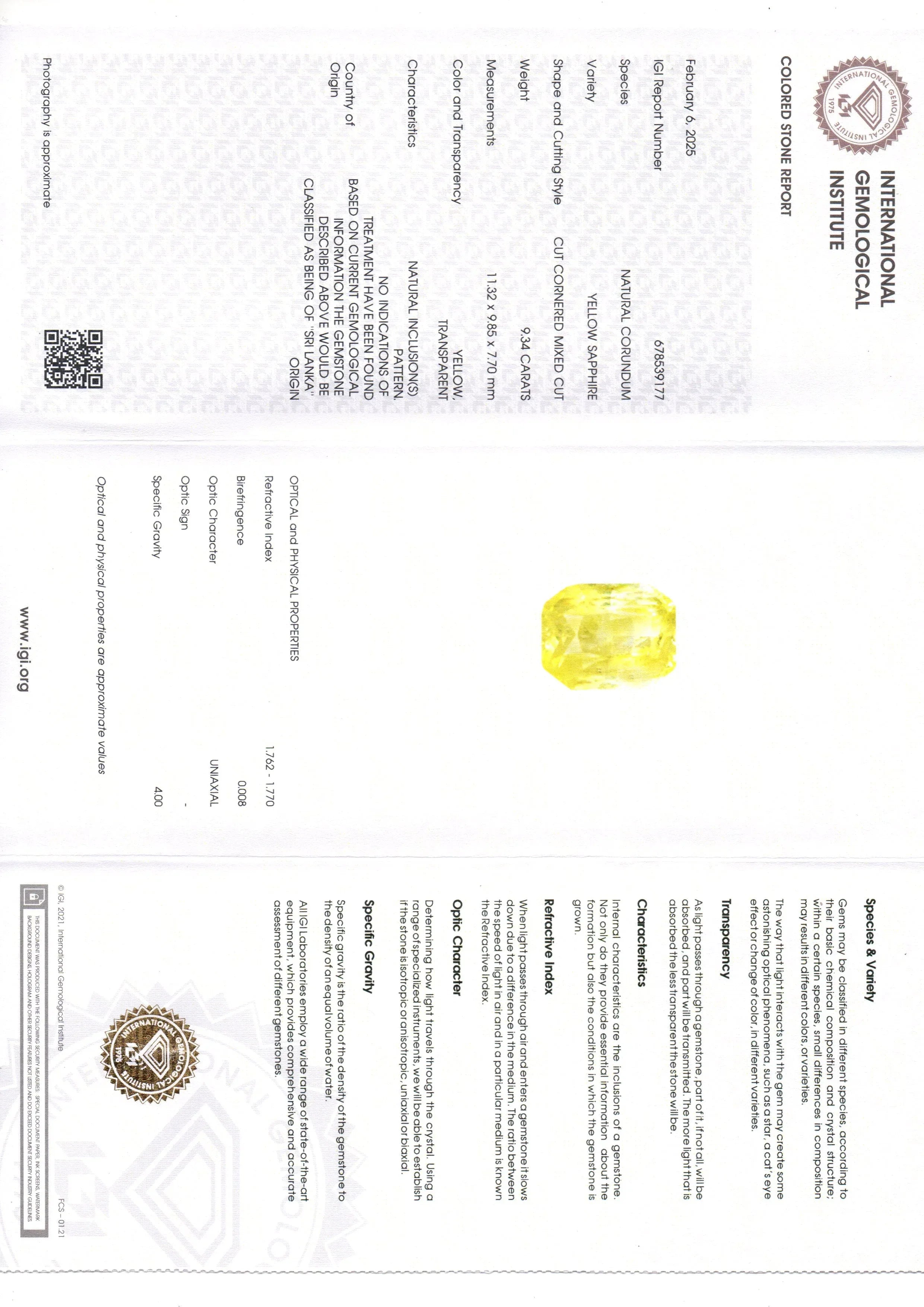 9.34 Ct IGI Certified Unheated Untreated Natural Ceylon Yellow Sapphire - Venus Gems