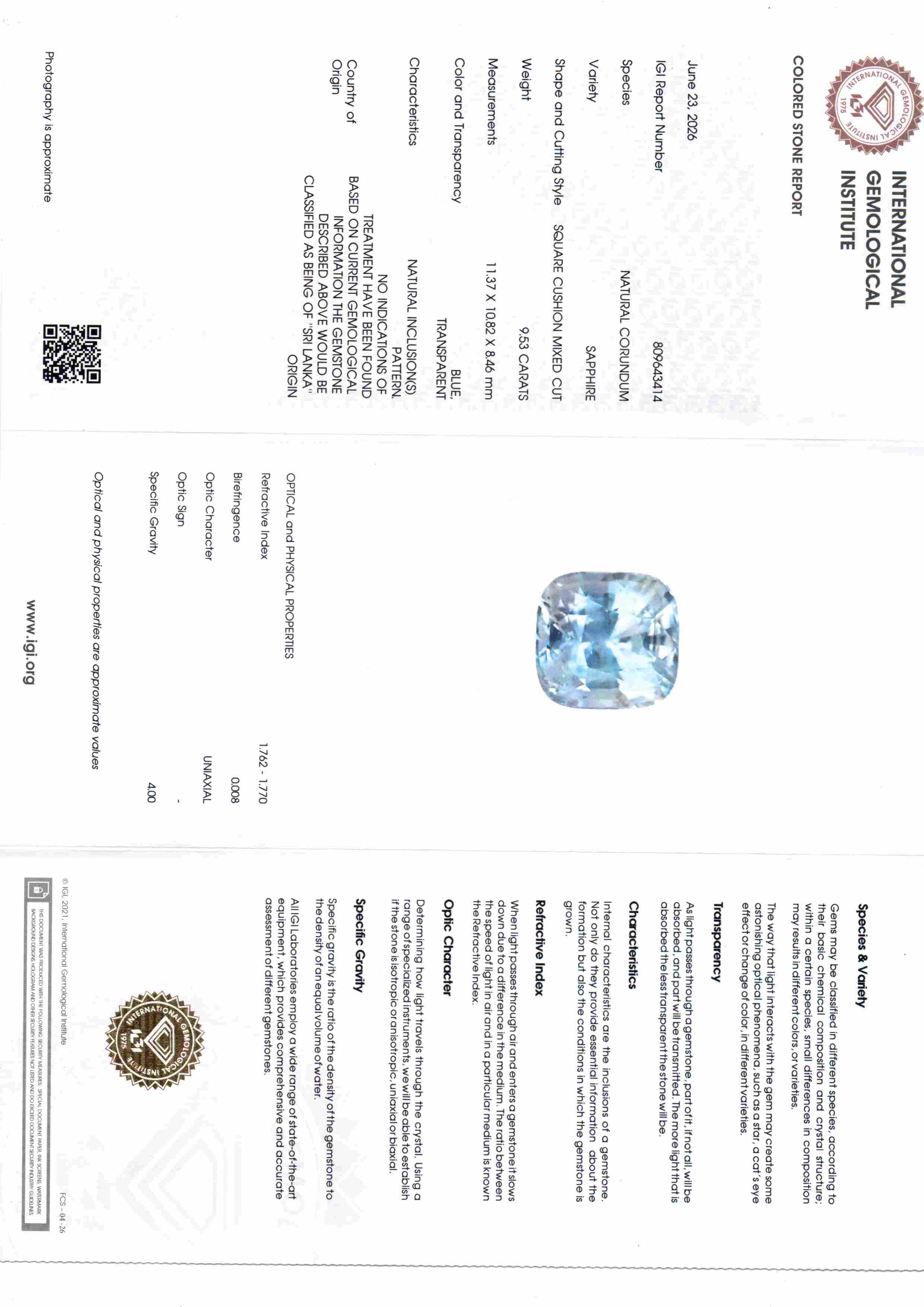 9.53 Carat IGI Certified Unheated Natural Ceylon Blue Sapphire Neelam – 10.47 Ratti