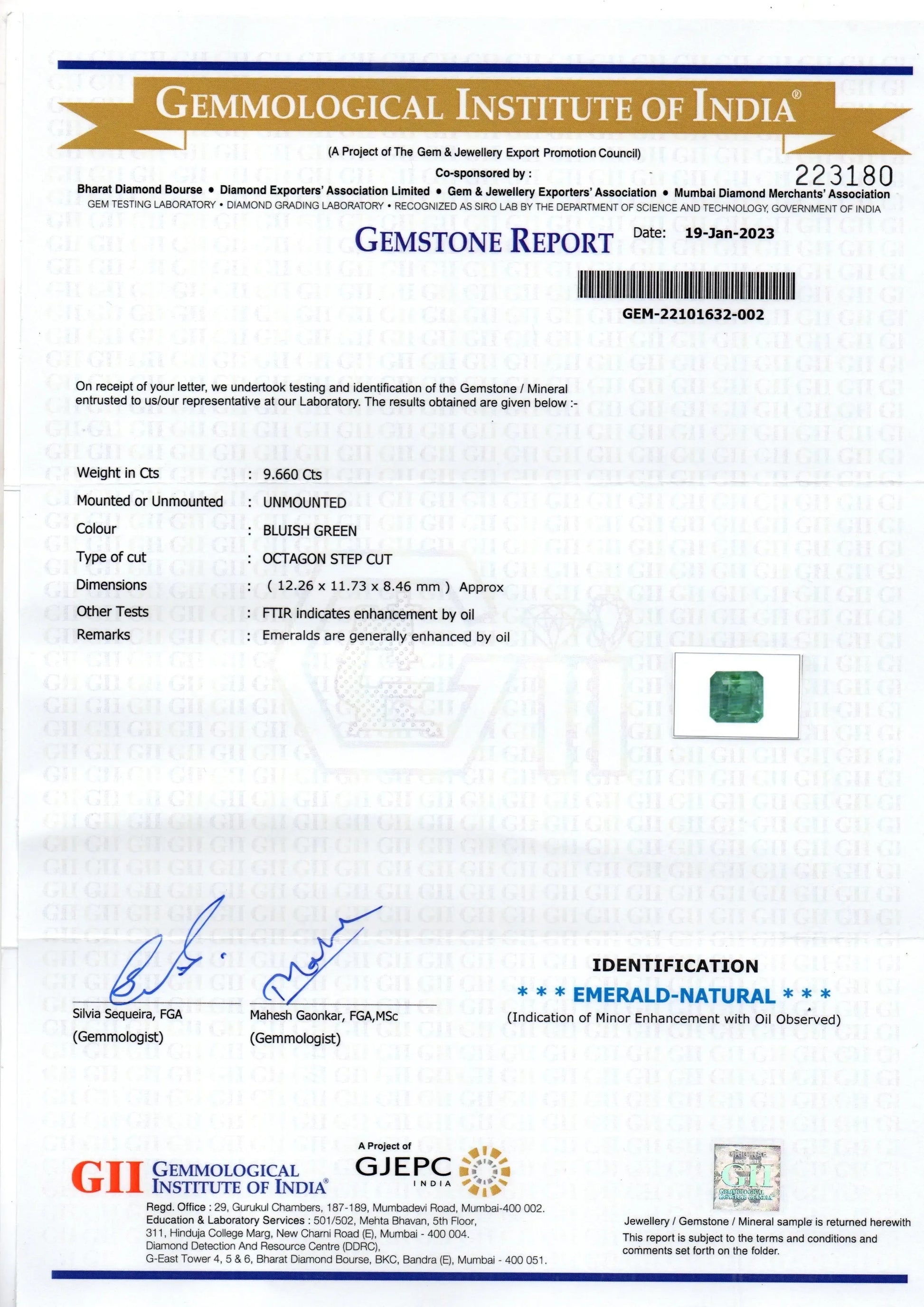 9.66 Ct Certified Untreated Natural Zambian Emerald Gemstone Panna - Venus Gems