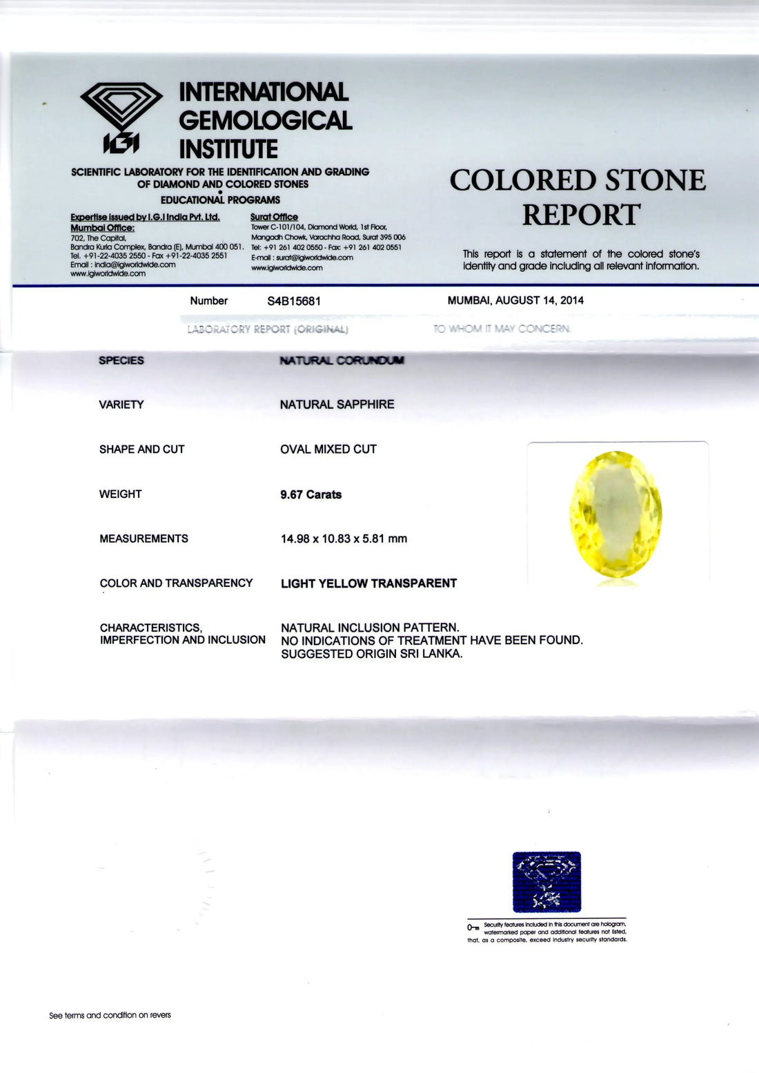 9.67 Ct Unheated Untreated Natural Ceylon Yellow Sapphire Pukhraj - Venus Gems