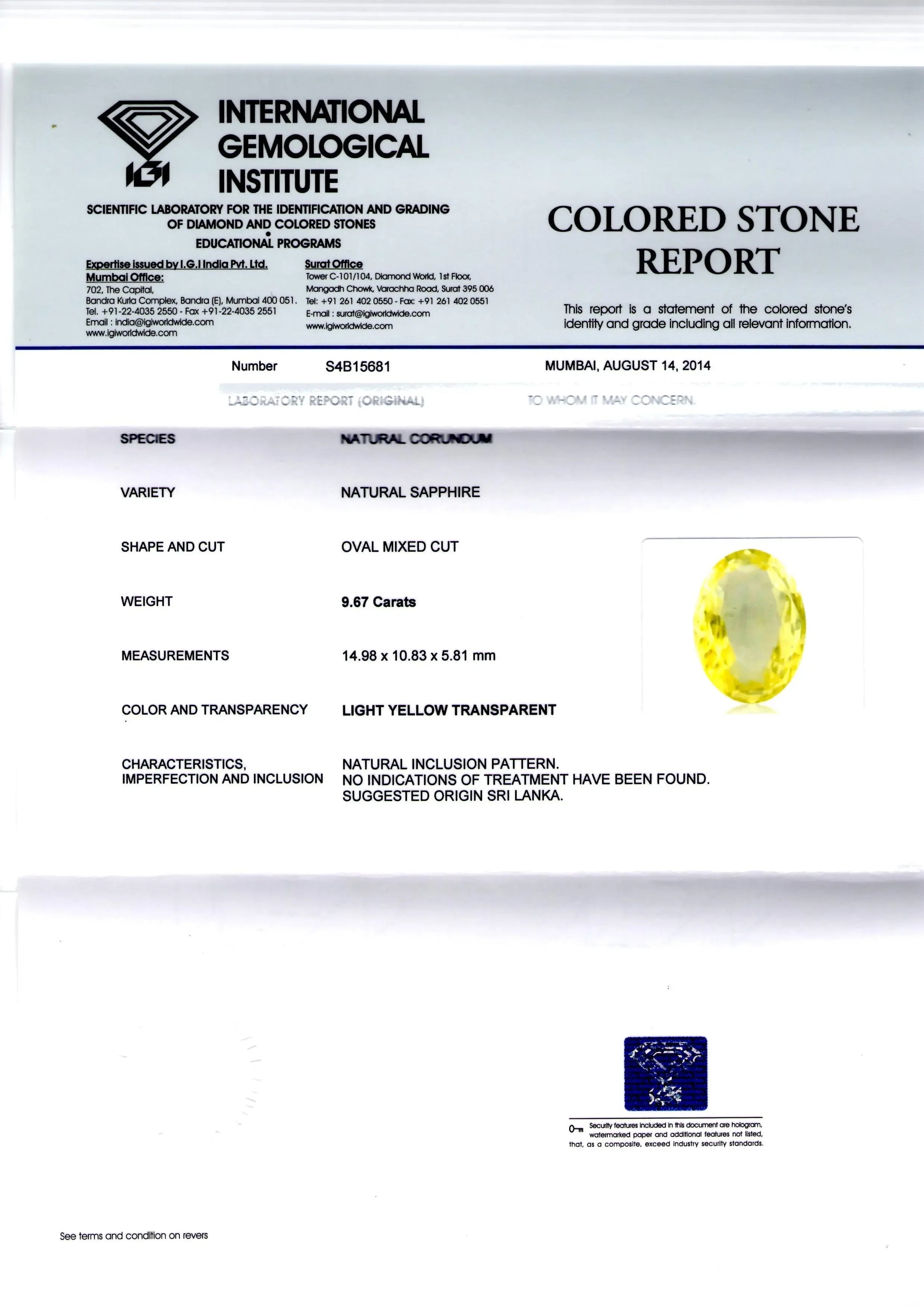 9.67 Ct Unheated Untreated Natural Ceylon Yellow Sapphire Pukhraj - Venus Gems