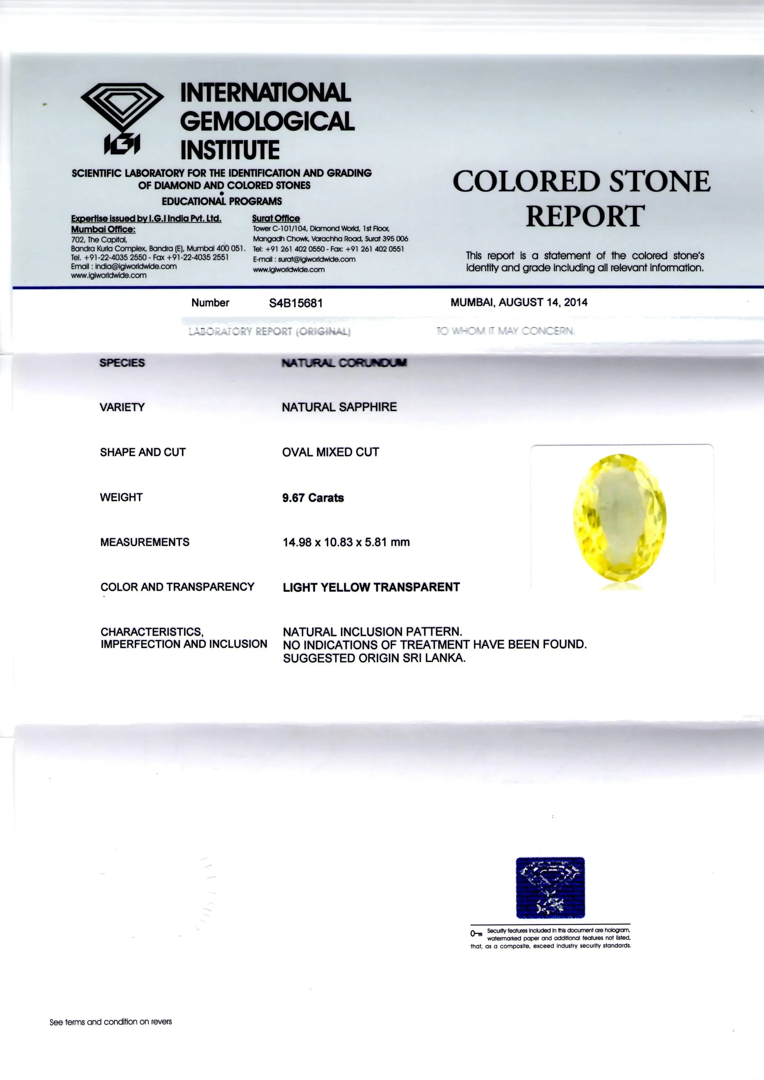 9.67 Ct Unheated Untreated Natural Ceylon Yellow Sapphire Pukhraj - Venus Gems