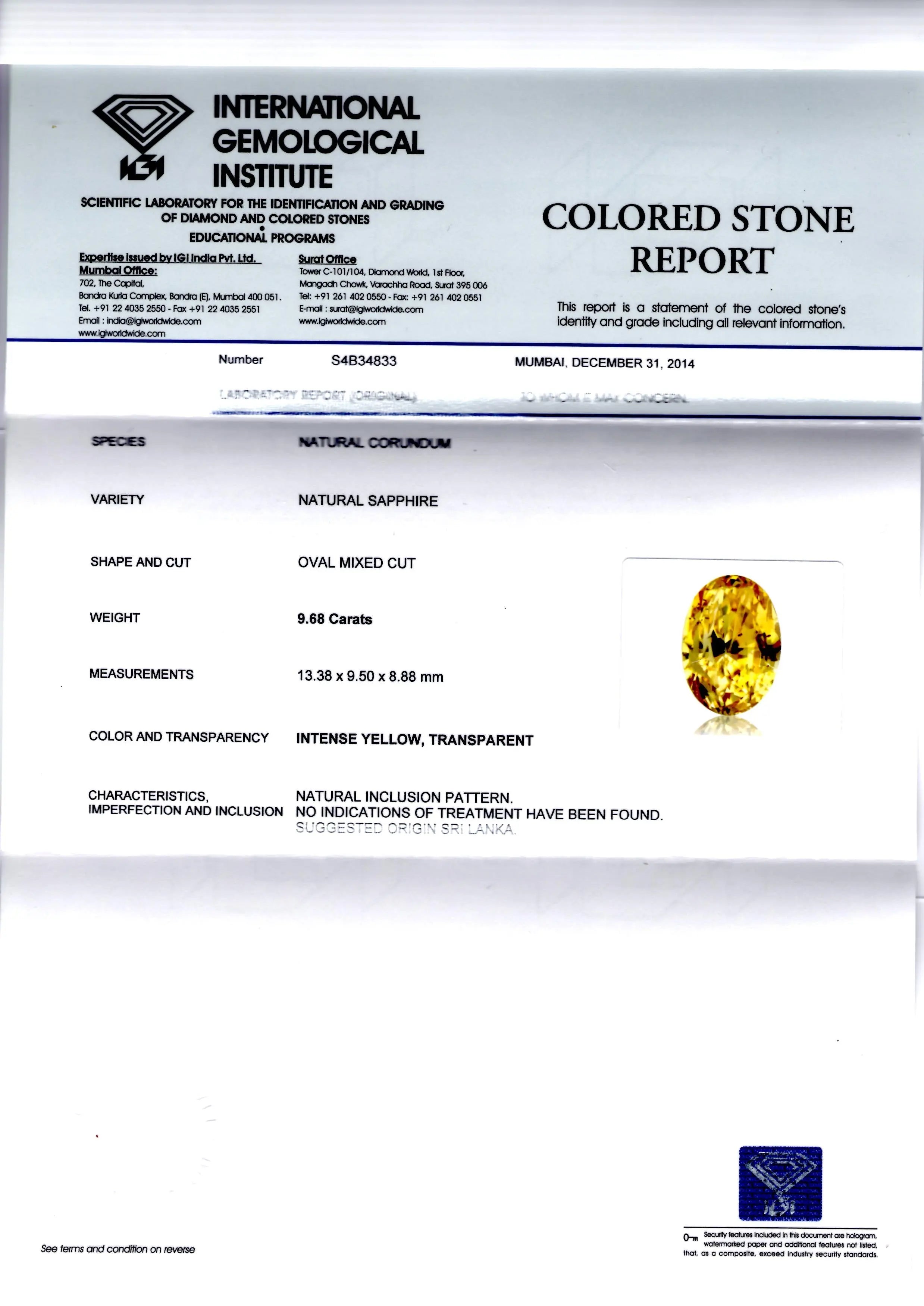 9.68 Ct Unheated Untreated Natural Ceylon Yellow Sapphire/Pukhraj AA