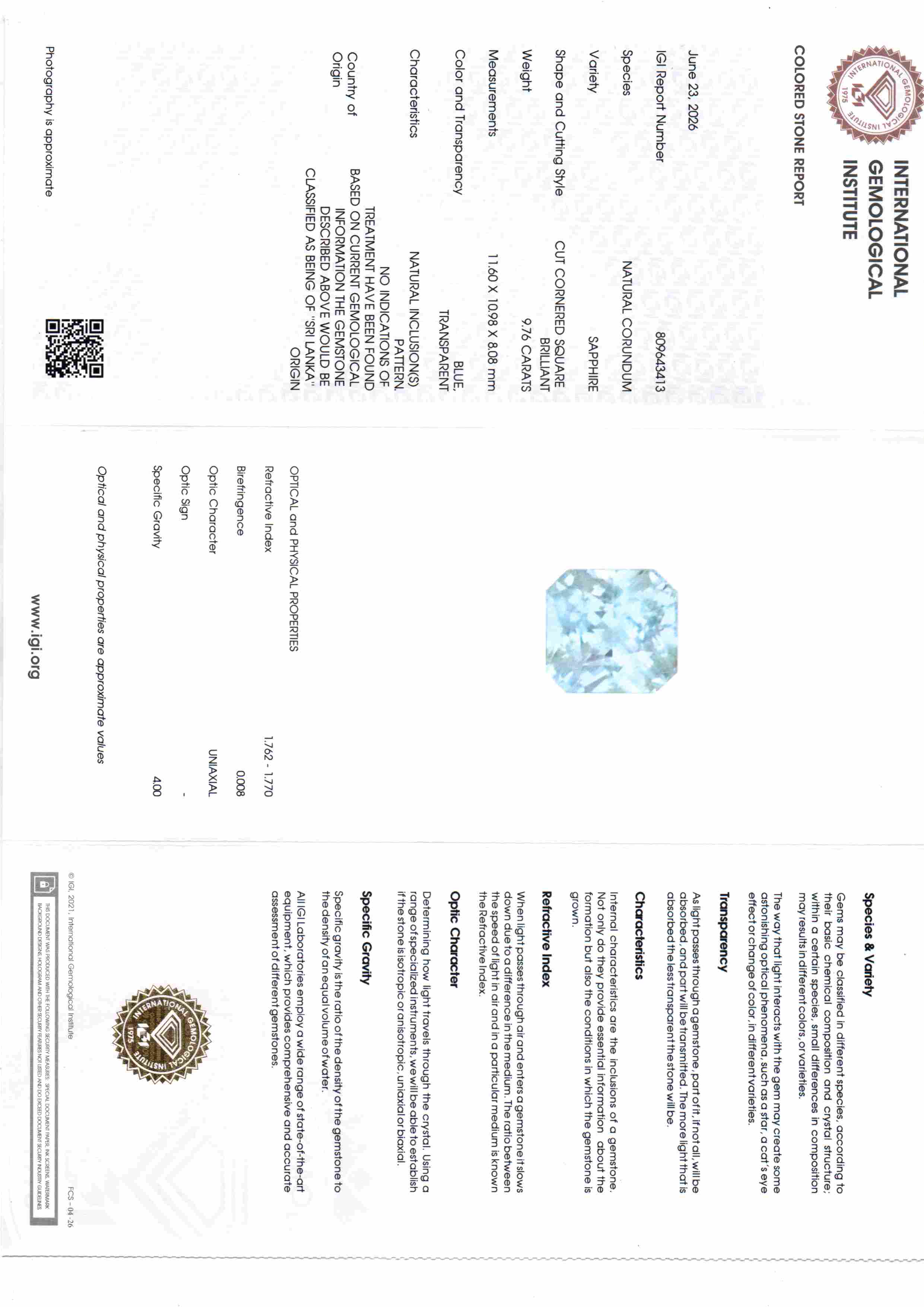 9.76 Carat IGI Certified Unheated Natural Ceylon Blue Sapphire Neelam – 10.72 Ratti