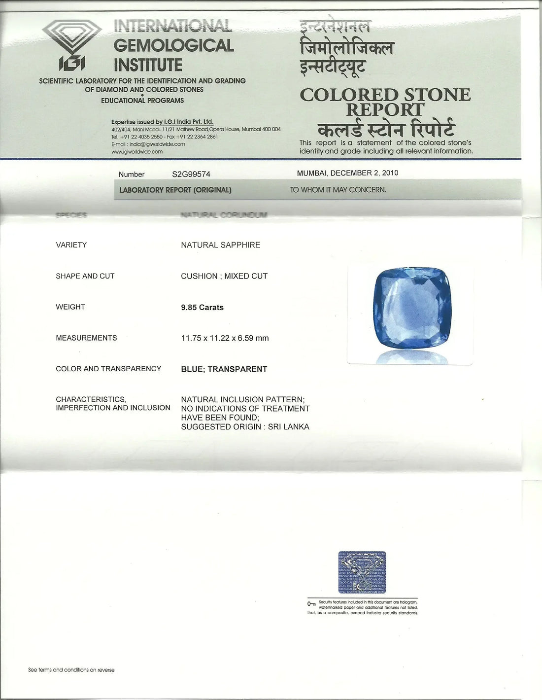 9.85 Ct IGI Certified Unheated Untreated Natural Ceylon Blue Sapphire - Venus Gems