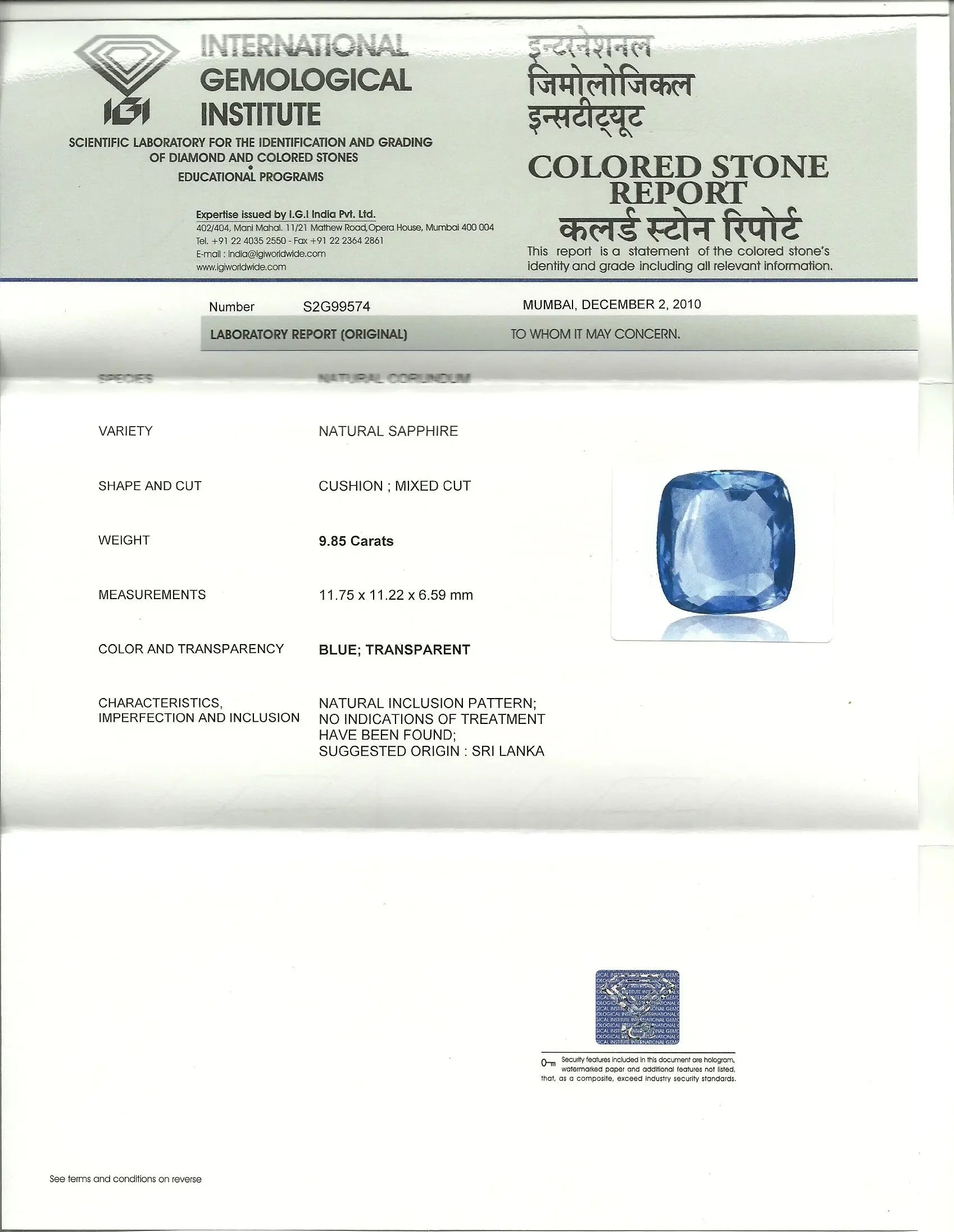 9.85 Ct IGI Certified Unheated Untreated Natural Ceylon Blue Sapphire - Venus Gems