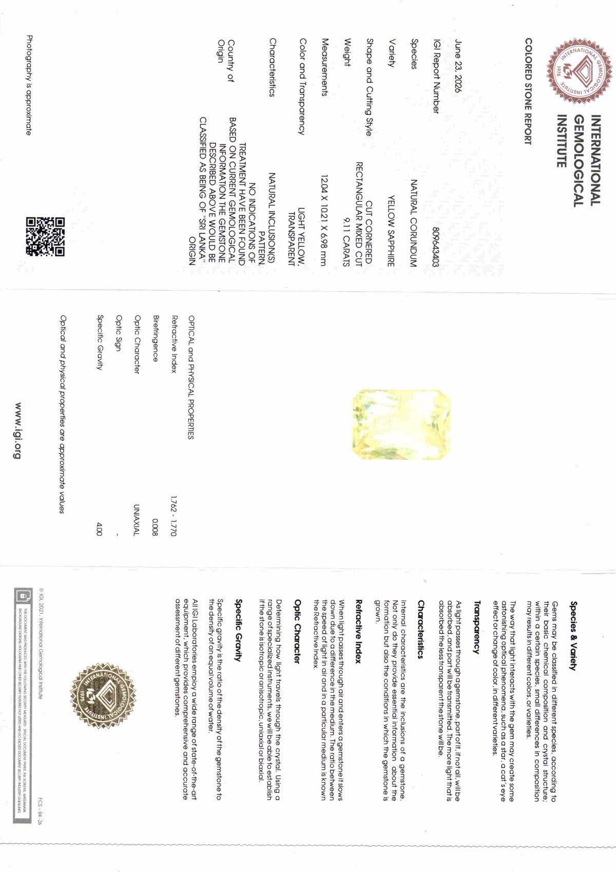 IGI certificate for 9.11 Ct unheated natural Ceylon yellow sapphire from Venus Gems, detailing authenticity and specification