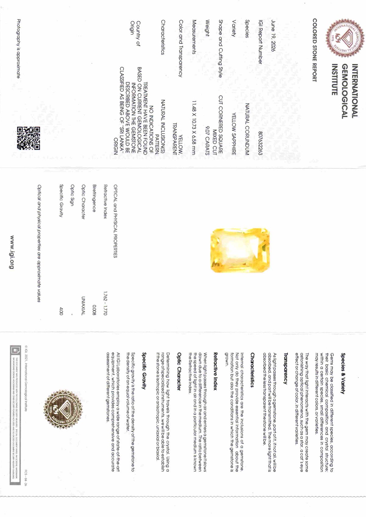 9.07 Ct IGI Certified Unheated Natural Ceylon Yellow Sapphire Pukhraj – 9.96 Ratti