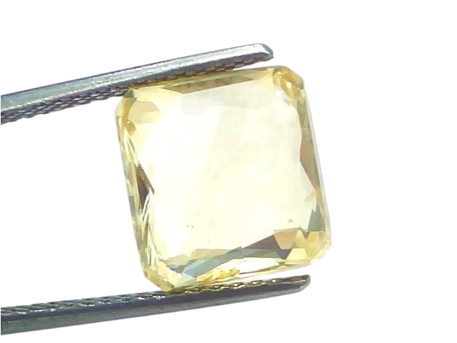9.07 Ct IGI Certified Unheated Natural Ceylon Yellow Sapphire Pukhraj, square-cut, showcasing a light yellow hue and brillian