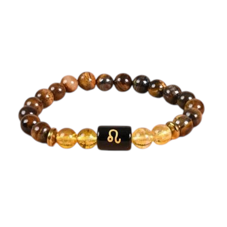 Natural Citrine & Tiger Eye Bracelet for Leo featuring golden and brown beads with a central black bead engraved with the Leo