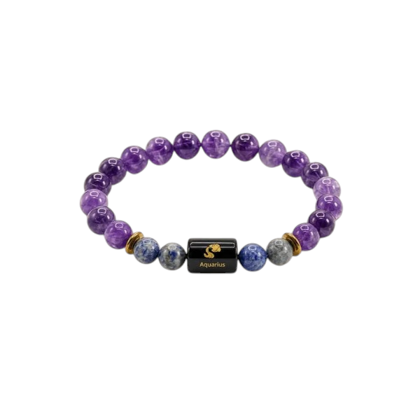Natural Amethyst & Lapis Lazuli Bracelet for Aquarius featuring purple and blue beads with a central black charm.