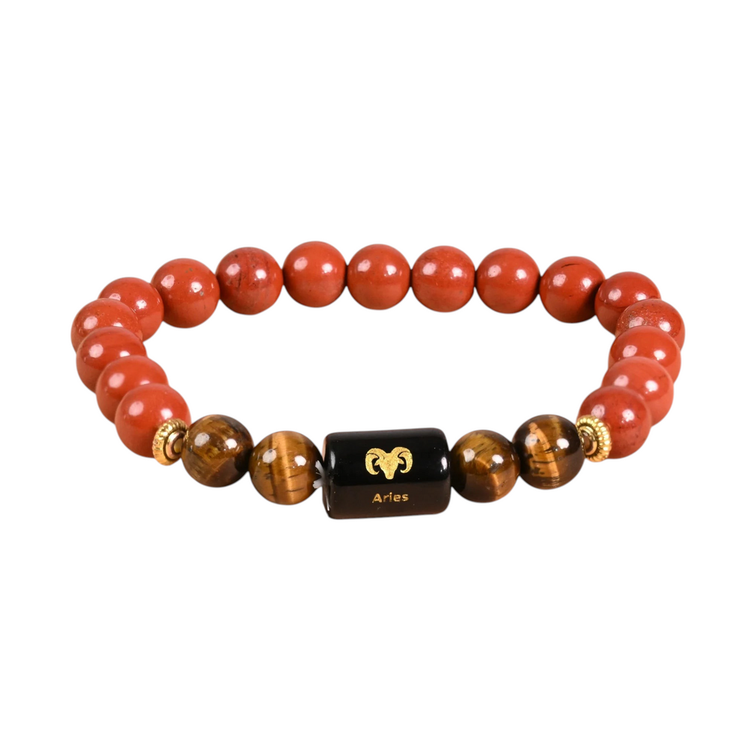 Natural Red Jasper and Tiger Eye bracelet featuring a central Aries bead, promoting courage and confidence.