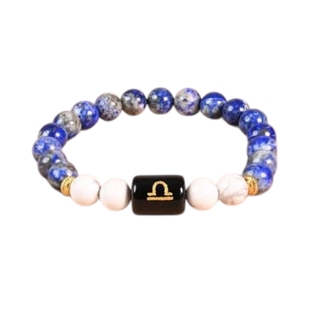 Natural Lapis Lazuli and Howlite bracelet featuring a central black bead with Libra symbol, promoting balance and harmony.