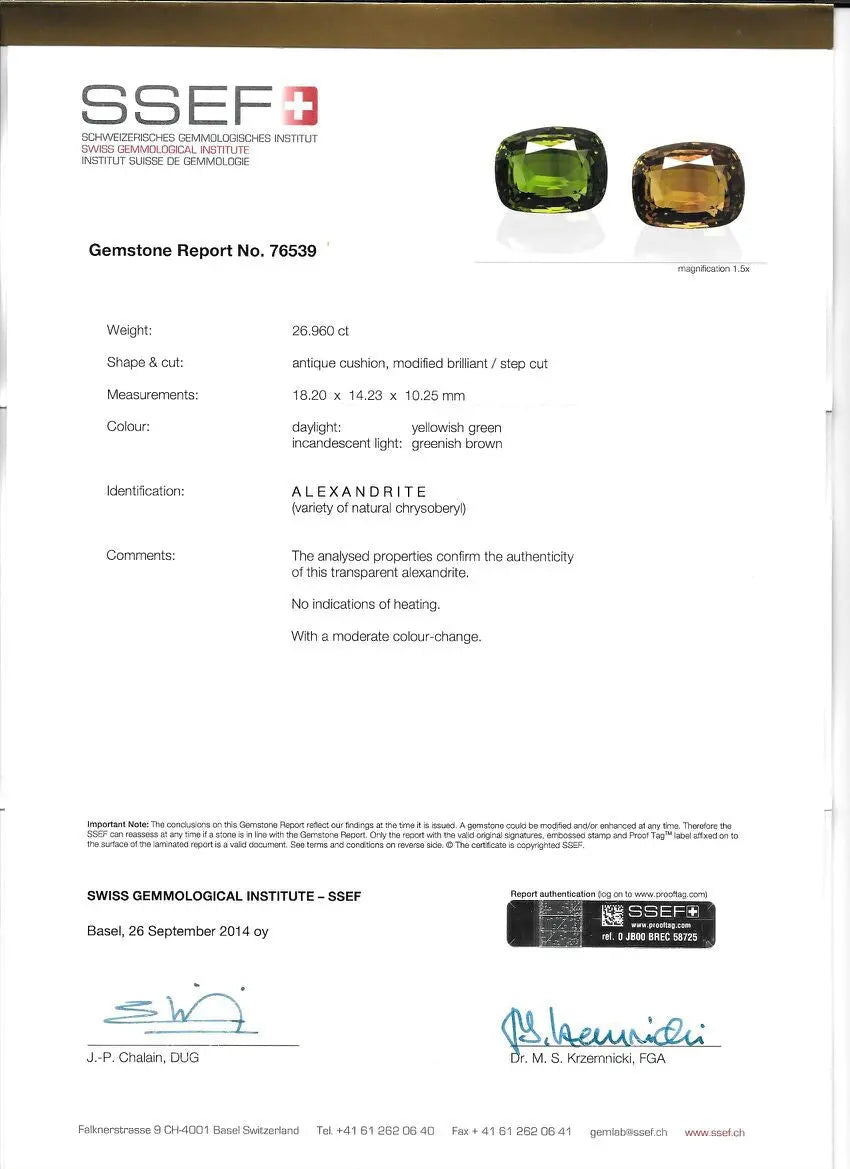 Huge 26.96 Ct Untreated Natural GRS Certified 80% Colour Changing Alexandrite